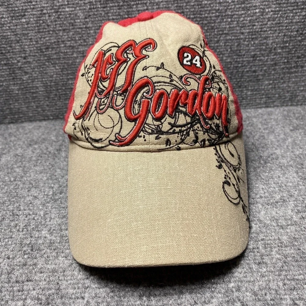 Jeff Gordon Hat Cap Strap Back Mens One Size Red Tan NASCAR Racing Script 24